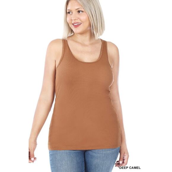 2X Deep Camel Ribbed Seamless Racerback Tank Top Zenana oversized comfort plus - Picture 1 of 5